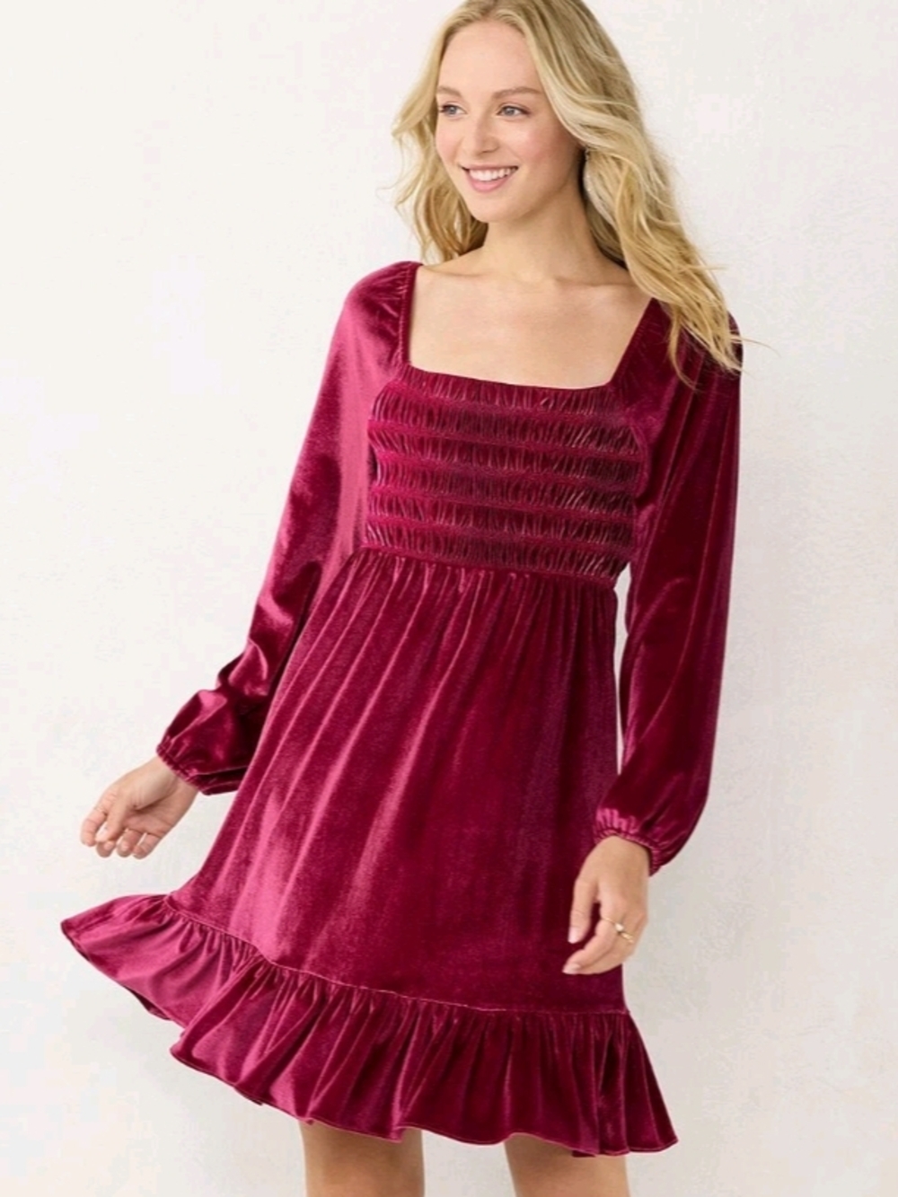 LC Lauren Conrad Velvet Smocked Square-Neck Dress in Wine Red NWOT